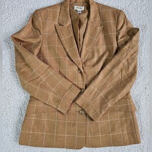 Vintage Talbots Wool Cashmere Tan Brown Plaid Windowpane Blazer Jacket Women 12
